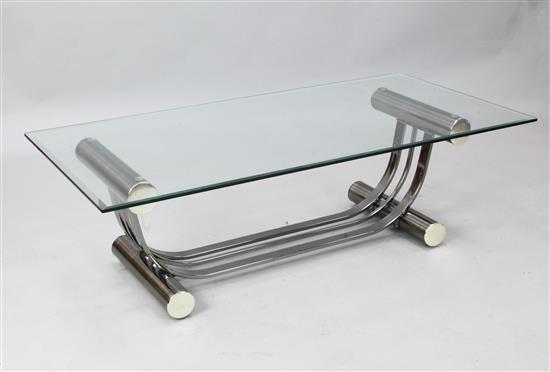 A chrome and glass coffee table, W. 4ft 4in. D. 2ft 2in. H. 1ft 4in.